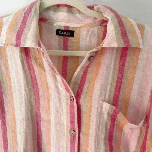 Saachi Oversized Pink Stripe Linen Blend Shirt beach coastal grandma Lagenlook - Picture 2 of 5